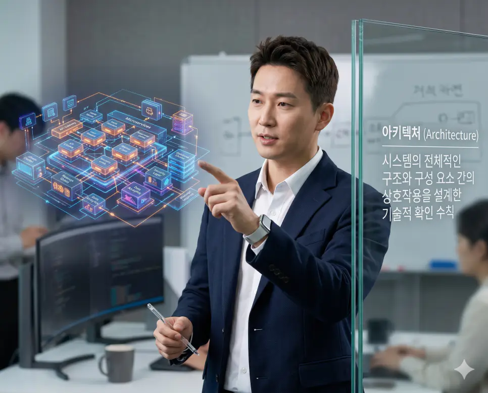 SDK 뜻, 파이썬 뜻, 아키텍처 뜻 정리: 소프트웨어 개발 및 설계 구조 확인 3 아키텍처 뜻을 정의하기 위해 한국인 시스템 설계자가 소프트웨어 구성 요소 간의 상호작용과 전체적인 구조를 3D 청사진으로 분석하는 실사 이미지