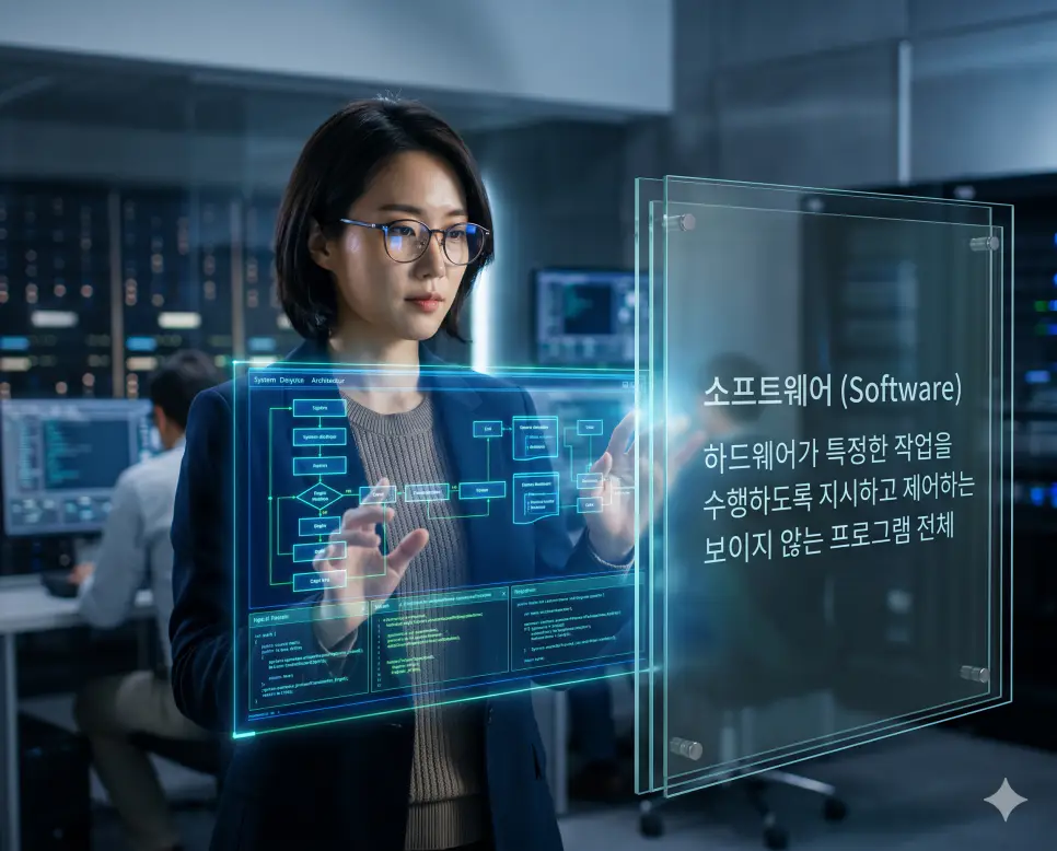 소프트웨어 뜻을 시각화하기 위해 한국인 개발자가 하드웨어의 동작을 제어하는 논리적인 시스템 구조와 지능형 구동 체계를 연구하는 실사 이미지