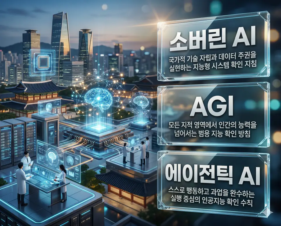 한국인 전문가들과 함께 소버린 AI, AGI, 에이전틱 AI의 기술적 지표를 분석하여 인공지능의 주권과 미래 진화 단계를 진단하는 프리미엄 포스터 이미지