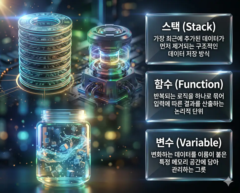 스택 뜻, 함수 뜻, 변수 뜻: 후입선출 자료구조와 코드 묶음 및 데이터 저장 공간 확인 4 한국인 전문가들과 함께 스택, 함수, 변수의 관계를 분석하여 자료구조와 논리 연산 및 데이터 관리의 핵심 원리를 진단하는 역대급 비주얼 포스터 이미지