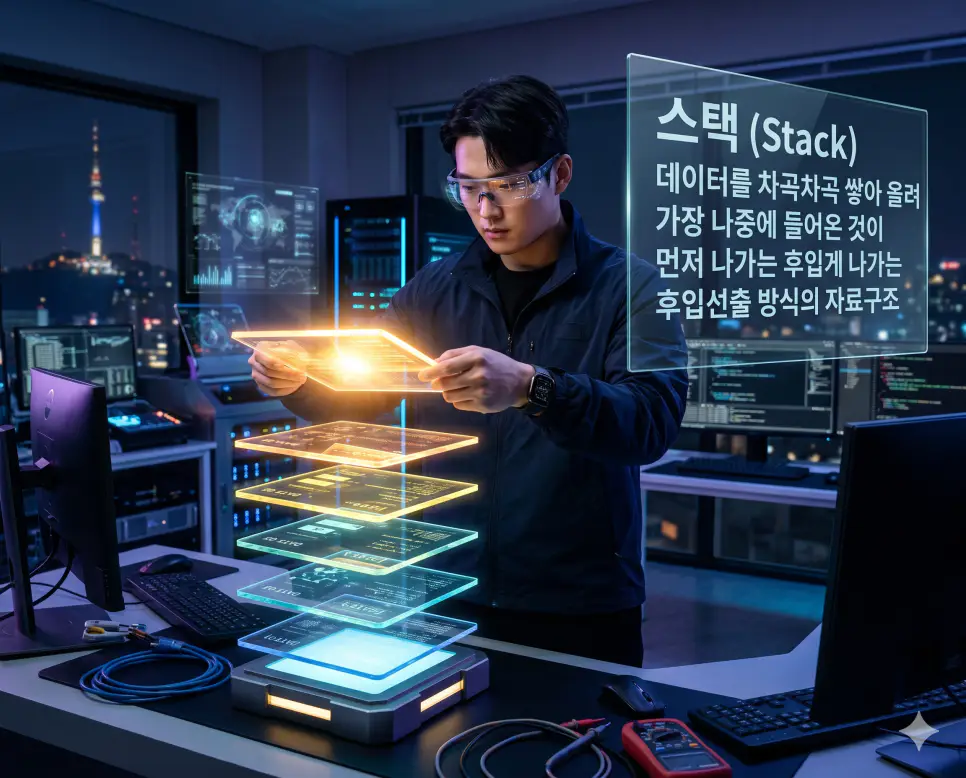 스택 뜻, 함수 뜻, 변수 뜻: 후입선출 자료구조와 코드 묶음 및 데이터 저장 공간 확인 1 스택 뜻을 설명하기 위해 한국인 데이터 엔지니어가 후입선출 원리에 따라 황금빛 디지털 플레이트를 쌓아 올리는 시네마틱 이미지
