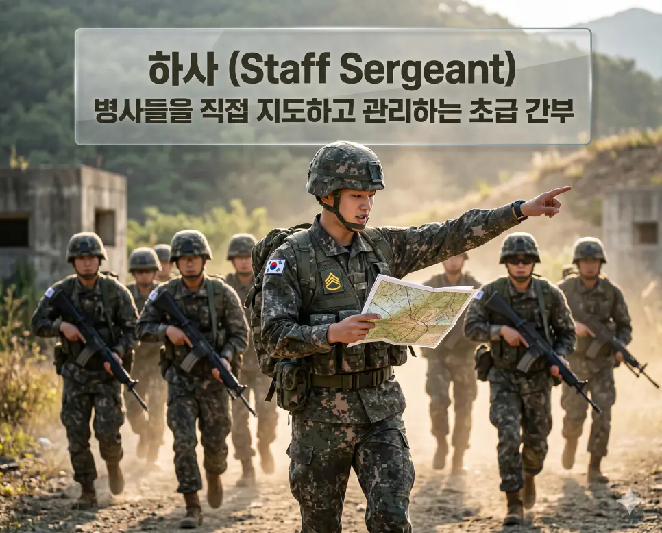 하사 뜻을 설명하기 위해 훈련장에서 소대원들을 이끌며 전술 지도를 확인하는 열정적인 초급 부사관의 실사 시네마틱 이미지