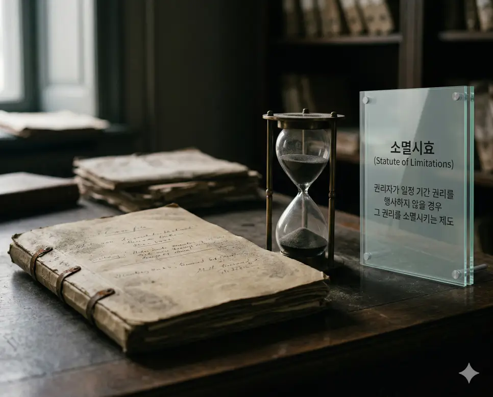 물권 뜻, 법정지상권 뜻, 소멸시효 뜻 정리: 물건 지배권과 법적 토지 사용권 확인 3 소멸시효 뜻을 상징하기 위해 시간의 경과에 따라 권리가 사라지는 과정을 먼지 쌓인 서류와 모래시계로 표현한 사실적인 실사 촬영 이미지