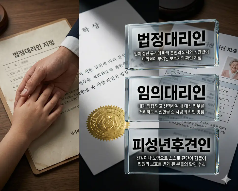법정대리인, 임의대리인, 피성년후견인 키워드 정의와 각각의 대리권 발생 및 법적 보호 상황을 사실적인 배경 위에 유리 패널로 정리한 고품격 실사 인포그래픽