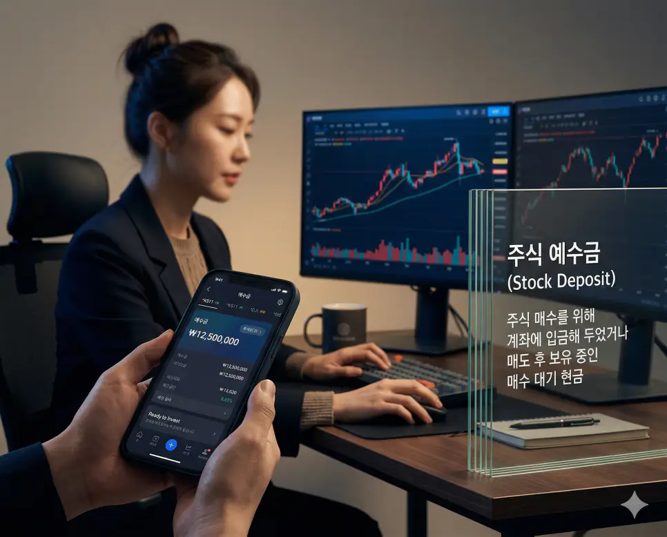 장기렌트 선수금 뜻, 주식 예수금 뜻, 원화 예수금 뜻 정리: 렌트료 절감과 매수 대기 자금 확인 2 주식 예수금 뜻을 시각화하기 위해 주식 매수를 위해 증권 계좌에 준비해둔 가용 현금과 투자 대기 상태를 보여주는 트레이딩 앱의 실사 이미지
