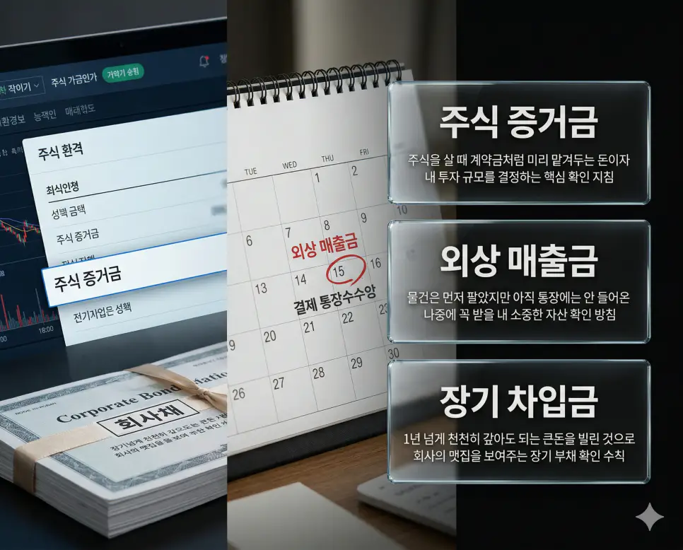 주식 증거금 뜻, 외상 매출금 뜻, 장기 차입금 뜻 정리: 매수 계약금과 미수금 및 장기 부채 확인 4 주식 증거금, 외상 매출금, 장기 차입금 키워드 정의와 각각의 투자 계약 및 부채 관리 상황을 사실적인 배경 위에 유리 패널로 정리한 고품격 실사 인포그래픽