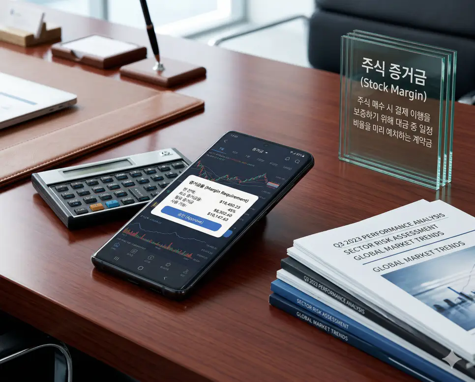 주식 증거금 뜻, 외상 매출금 뜻, 장기 차입금 뜻 정리: 매수 계약금과 미수금 및 장기 부채 확인 1 주식 증거금 뜻을 설명하기 위해 주식 매수 시 결제 이행 보증을 위한 계약금 성격의 예치금과 증거금율 설정을 보여주는 트레이딩 화면의 실사 이미지