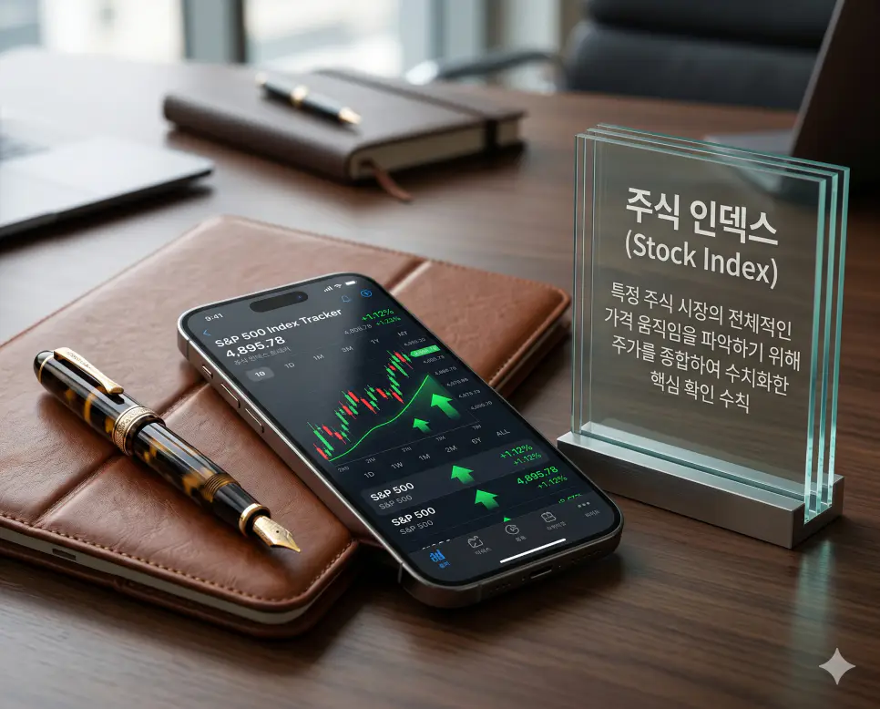 주식 인덱스 뜻을 상징하기 위해 특정 주식 시장의 전체적인 흐름을 파악하도록 여러 종목의 주가를 종합하여 수치화한 모바일 투자 앱의 실사 이미지