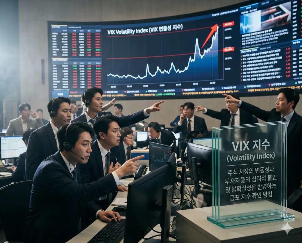 엥겔지수 뜻, VIX 지수 뜻, 비상경영 뜻 정리: 경제 위기 징후와 리스크 대응 확인 2 VIX 지수 뜻을 시각화하기 위해 주식 시장의 변동성과 투자자들의 공포 심리를 반영하여 급등하는 그래프 화면과 긴장된 거래소의 실사 이미지