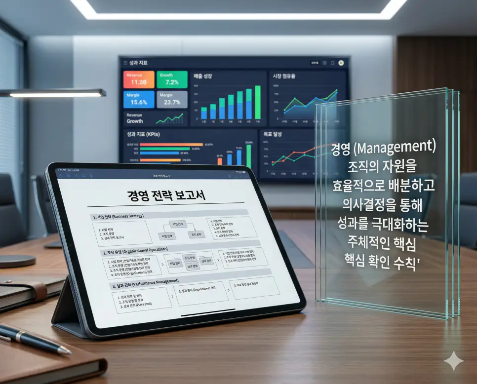 경영 뜻을 상징하기 위해 조직의 자원을 효율적으로 배분하고 성과 극대화를 위한 의사결정 과정을 담은 전략 보고서와 대시보드의 실사 이미지