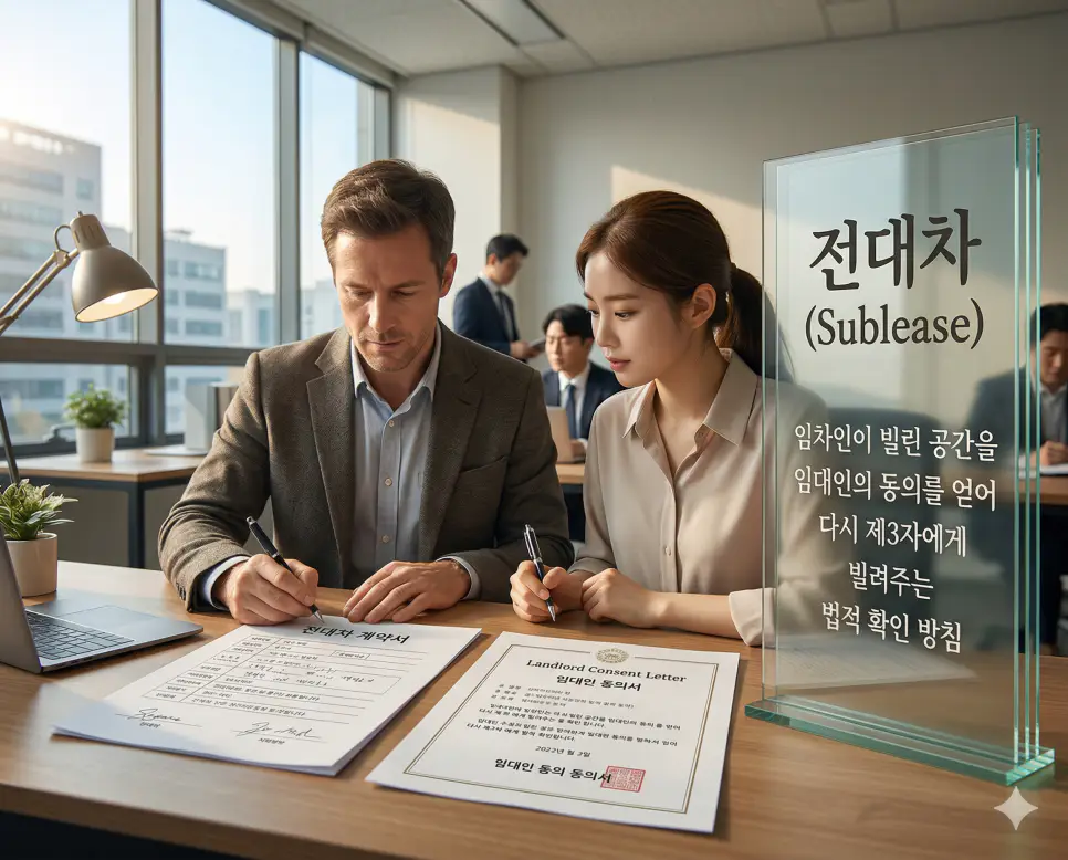 전대차 뜻을 시각화하기 위해 임차인이 임대인의 동의를 얻어 제3자에게 공간을 다시 빌려주는 이중 임대차 계약 체결 현장의 실사 이미지