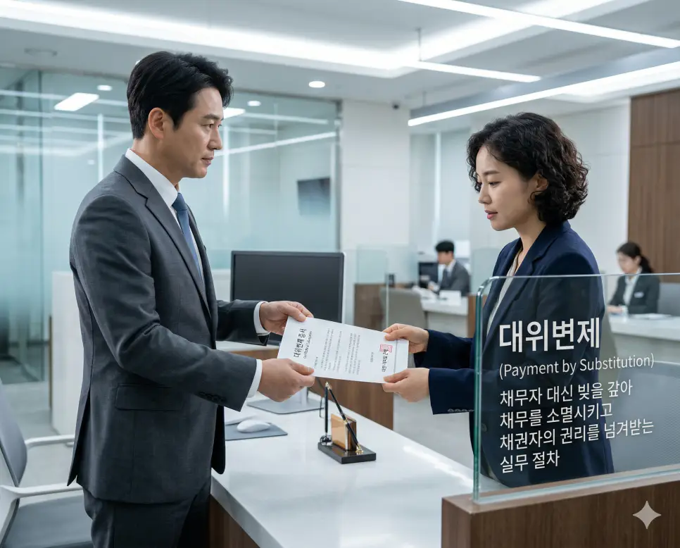 대위변제 뜻을 시각화하기 위해 채무자를 대신해 빚을 갚고 그에 따른 채권자의 권리를 승계받는 공식 증서를 주고받는 실무 현장의 실사 이미지
