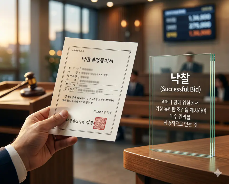 공매 뜻, 낙찰 뜻, 유찰 뜻 정리: 국가 주도 매각과 입찰 성공 및 실패 확인 2 낙찰 뜻을 시각화하기 위해 치열한 경합 끝에 물건 매수 권리를 확보했음을 증명하는 공식 낙찰 결정 통지서를 촬영한 고해상도 실사 이미지