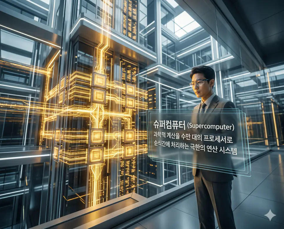 데스크톱 뜻, 서버컴퓨터 뜻, 슈퍼컴퓨터 뜻: 개인용 탁상 컴퓨터와 정보 제공자 및 극한 연산 확인 3 슈퍼컴퓨터 뜻을 정의하기 위해 한국인 과학자가 수만 대의 프로세서로 구성된 극한 연산 시스템의 강력한 golden 빛 계산 과정을 지켜보는 프리미엄 실사 이미지