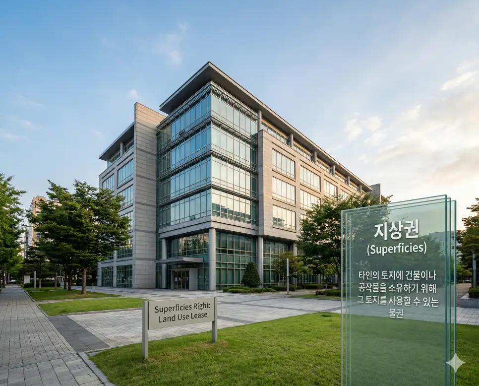 저당권 뜻, 지상권 뜻, 지역권 뜻 정리: 부동산 담보와 토지 사용 및 편익 권리 확인 2 지상권 뜻을 시각화하기 위해 타인의 토지 위에 세워진 현대적인 상업용 건물과 법적 토지 사용 권리를 상징하는 풍경을 담은 생생한 실사 이미지
