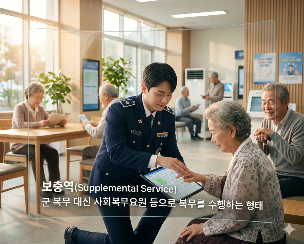 보충역 뜻을 시각화하기 위해 지역 복지 시설에서 제복을 입고 시민들을 위해 봉사하며 병역을 이행하는 사회복무요원의 따뜻한 분위기 이미지
