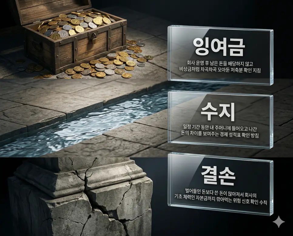 잉여금 뜻, 수지 뜻, 결손 뜻 정리: 남은 자금 축적과 수입 지출 및 자본 훼손 확인 4 잉여금, 수지, 결손 키워드 정의와 각각의 기업 재무적 활동 결과를 상징하는 사실적인 배경 위에 유리 패널로 정리한 고품격 실사 인포그래픽