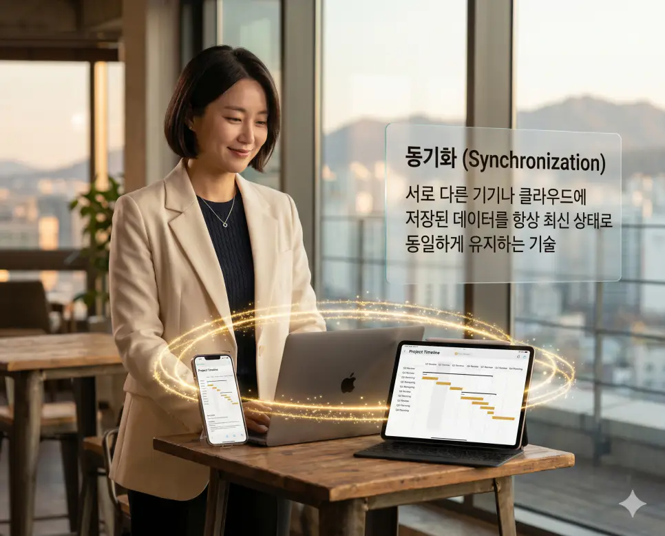 동기화 뜻을 시각화하기 위해 한국인 디지털 노마드가 여러 기기 간의 데이터를 실시간으로 동일하게 유지하는 기술적 과정을 점검하는 고품격 실사 이미지