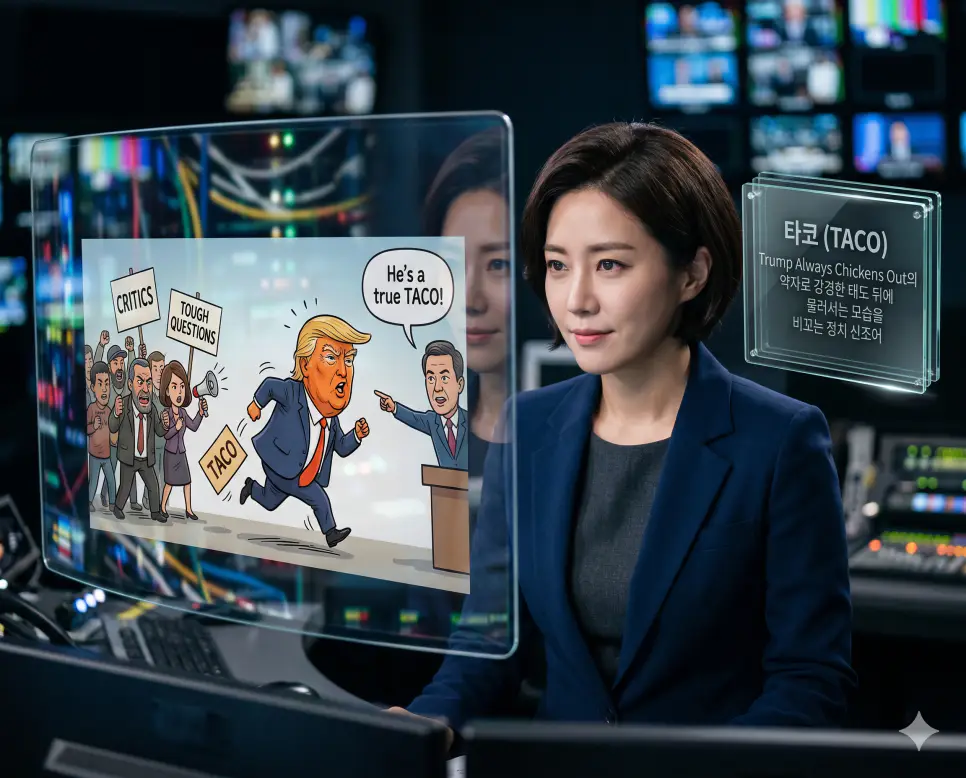 타코 뜻을 시각화하기 위해 한국인 정치 분석가가 강경한 태도 뒤에 결국 후퇴하는 정치적 행태를 풍자하는 정치 신조어 타코(TACO)의 의미를 분석하는 고품격 실사 이미지
