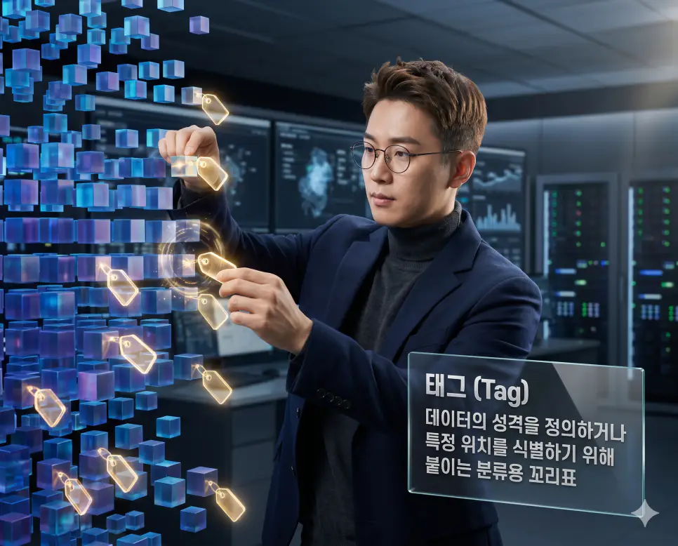 태그 뜻, 팝업 뜻, 위젯 뜻: 데이터 분류 표식과 돌출형 화면 및 요약형 도구 확인 1 태그 뜻을 설명하기 위해 한국인 웹 아키텍트가 디지털 라이브러리의 정보를 분류하기 위해 투명한 황금빛 꼬리표를 붙여 데이터 성격을 정의하는 시네마틱 이미지