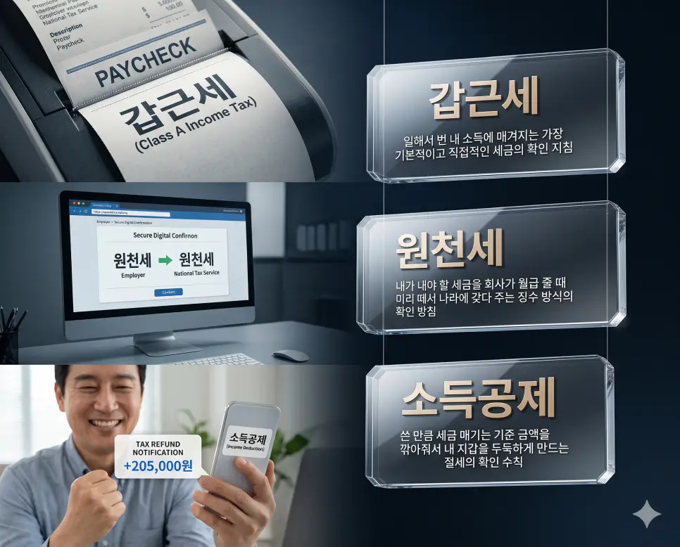 갑근세 뜻, 원천세 뜻, 소득공제 뜻 정리: 근로소득세와 절세 메커니즘 확인 4 갑근세, 원천세, 소득공제 키워드 정의와 각각의 세금 징수 및 소득 공제 상황을 사실적인 배경 위에 유리 패널로 정리한 고품격 실사 인포그래픽