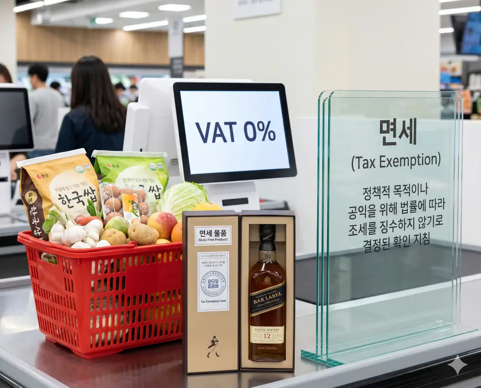 면세 뜻, 납세자 뜻, 가산세 뜻 정리: 조세 혜택과 납세 의무 이행 확인 지침 1 면세 뜻을 설명하기 위해 특정한 공익적 목적으로 조세를 징수하지 않는 기초 생필품과 면세 혜택이 표시된 마켓의 실사 이미지