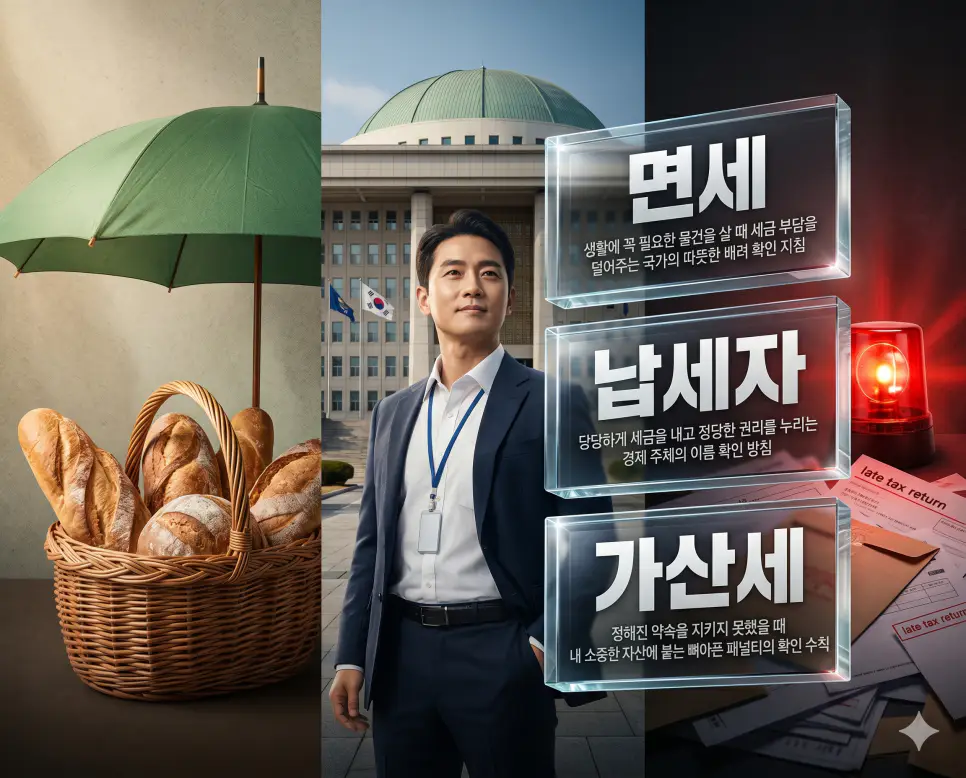 면세 뜻, 납세자 뜻, 가산세 뜻 정리: 조세 혜택과 납세 의무 이행 확인 지침 4 면세, 납세자, 가산세 키워드 정의와 각각의 조세 혜택 및 납세 의무 이행 상황을 사실적인 배경 위에 유리 패널로 정리한 고품격 실사 인포그래픽