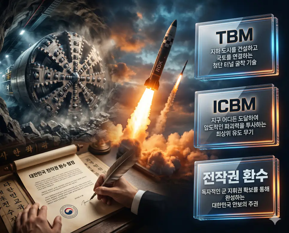 한국인 전문가와 함께 TBM, ICBM, 전작권 환수의 관계를 분석하여 국가 기간 산업 기술과 글로벌 전략 무기 및 안보 주권을 진단하는 역대급 비주얼 포스터 이미지