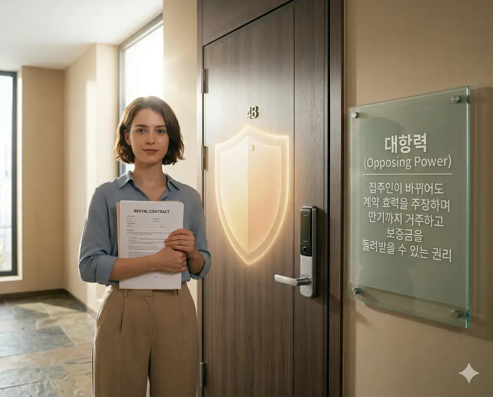배당 뜻, 대항력 뜻, 확정일자 뜻 정리: 몫의 나눔과 임차인 방패 및 순위 증명 확인 2 대항력 뜻을 시각화하기 위해 임차인이 계약서를 들고 새로운 집주인에게도 권리를 주장할 수 있음을 상징하는 든든한 실사 이미지