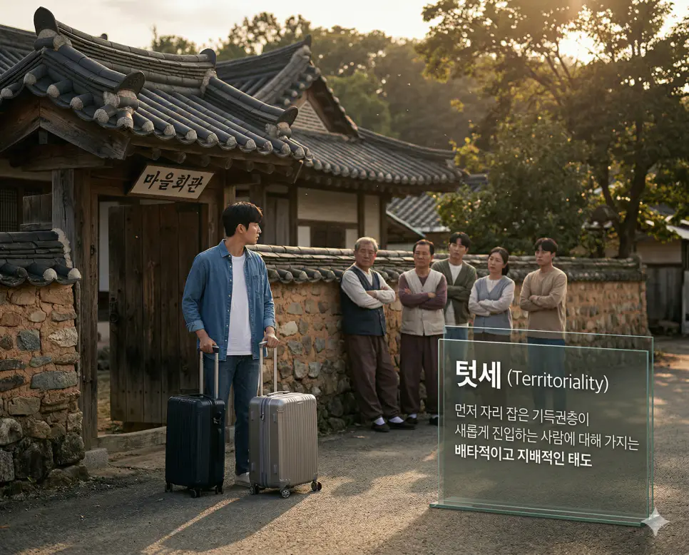 텃세 뜻을 시각화하기 위해 새로운 공동체나 지역에 진입한 외지인이 기존 거주자들의 배타적인 태도와 심리적 장벽을 마주하는 상황을 담은 실사 이미지