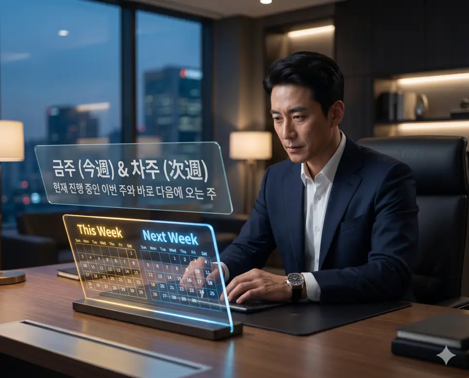 금주 차주 뜻, 익주 뜻, 차일 뜻: 업무 일정 관리를 위한 시간 용어 완벽 정리 1 금주 차주 뜻을 설명하기 위해 한국인 기업가가 럭셔리 오피스에서 이번 주와 다음 주 일정이 빛나는 디지털 달력을 확인하며 일정을 수립하는 시네마틱 이미지