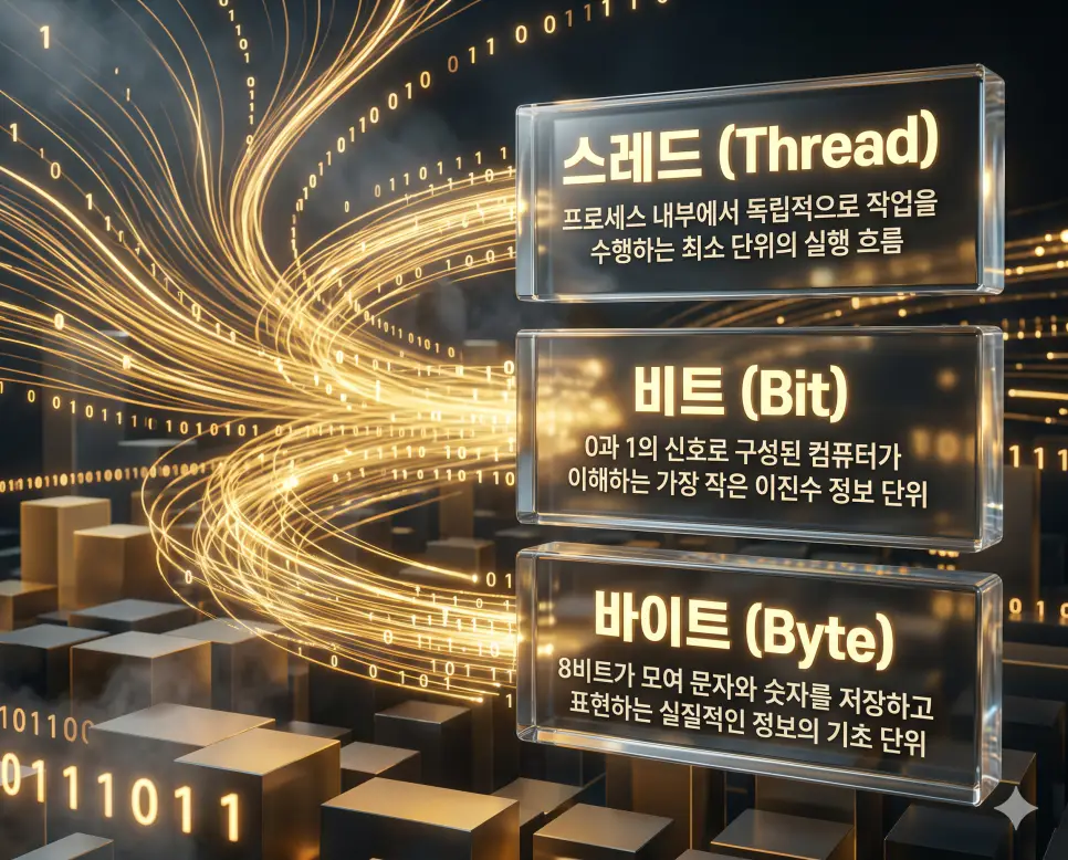 스레드 뜻, 비트 뜻, 바이트 뜻: 실행의 흐름과 데이터 최소 단위 및 정보 표현 규격 확인 4 한국인 전문가들과 함께 스레드, 비트, 바이트의 관계를 분석하여 실행 흐름과 데이터 측정 규격의 핵심 원리를 진단하는 역대급 비주얼 포스터 이미지