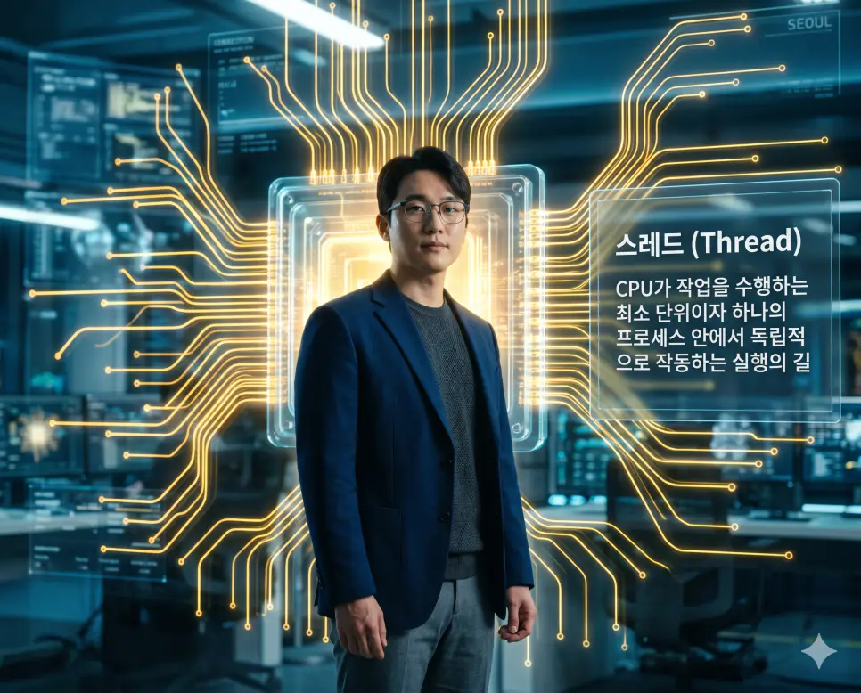 스레드 뜻, 비트 뜻, 바이트 뜻: 실행의 흐름과 데이터 최소 단위 및 정보 표현 규격 확인 1 스레드 뜻을 설명하기 위해 한국인 시스템 아키텍트가 CPU 코어 내부에서 여러 갈래로 뻗어 나가는 황금빛 실행 흐름을 분석하는 시네마틱 이미지