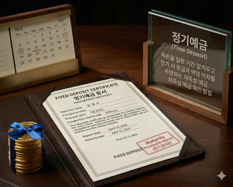 보통예금 뜻, 정기예금 뜻, 정기적금 뜻 정리: 입출금 통장과 목돈 예치 및 적립 확인 2 정기예금 뜻을 시각화하기 위해 일정 기간 목돈을 은행에 예치하고 만기 시 원금과 이자를 한꺼번에 수령하는 예금 증서의 실사 이미지