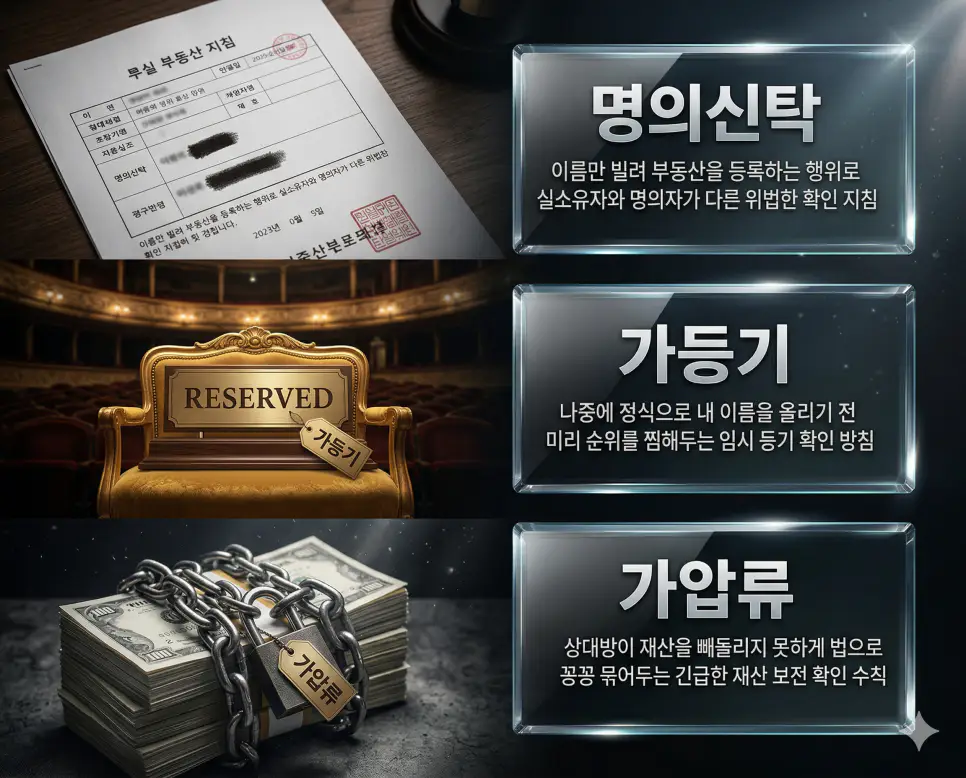 명의신탁 뜻, 가등기 뜻, 가압류 뜻 정리: 이름 빌리기와 순위 보전 및 재산 묶기 확인 4 명의신탁, 가등기, 가압류 키워드 정의와 각각의 부동산 명의 오용 및 권리 보전 상황을 사실적인 배경 위에 유리 패널로 정리한 고품격 실사 인포그래픽