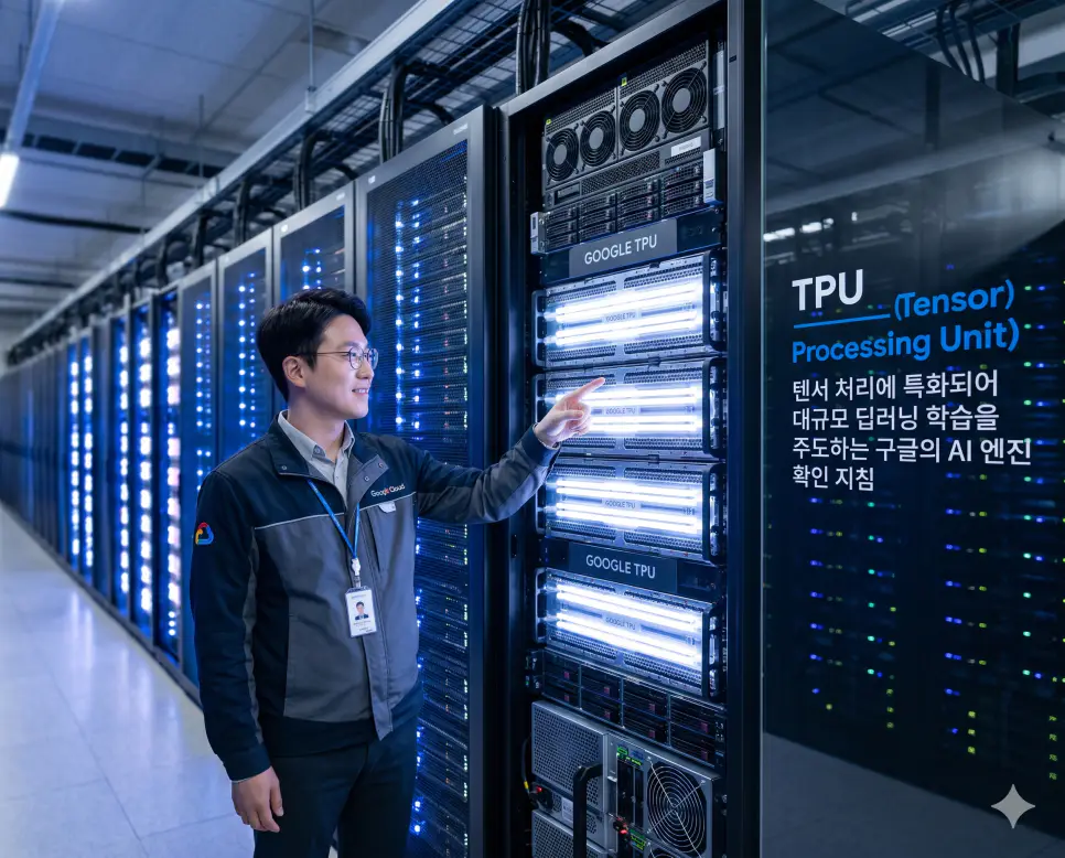 TPU 뜻, HBM 뜻, OTA 뜻 정리: AI 반도체 성능과 무선 업데이트 확인 지침 1 TPU 뜻을 설명하기 위해 한국인 엔지니어가 대규모 딥러닝 학습을 가속화하는 구글의 클라우드 기반 AI 전용 연산 장치를 점검하는 실사 이미지