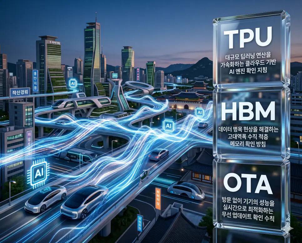 TPU 뜻, HBM 뜻, OTA 뜻 정리: AI 반도체 성능과 무선 업데이트 확인 지침 4 한국인 전문가들과 함께 TPU, HBM, OTA의 기술적 효율성을 분석하여 AI 반도체 성능과 지능형 유지보수 가치를 진단하는 프리미엄 포스터 이미지