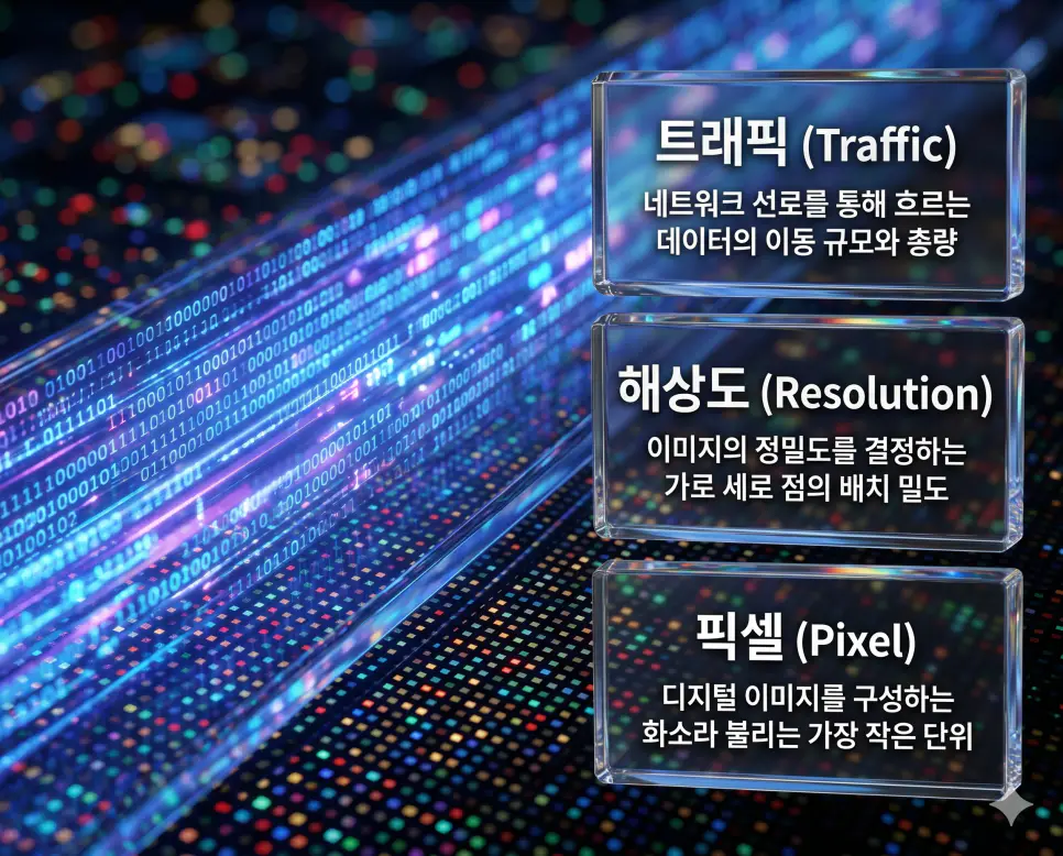 트래픽 뜻, 해상도 뜻, 픽셀 뜻: 데이터 흐름량과 화면 정밀도 및 디지털 최소 단위 확인 4 한국인 전문가들과 함께 트래픽, 해상도, 픽셀의 관계를 분석하여 데이터 전송량과 디스플레이 정밀도의 핵심 원리를 진단하는 역대급 비주얼 포스터 이미지