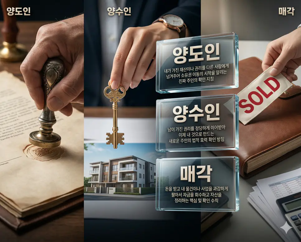 양도인 뜻, 양수인 뜻, 매각 뜻 정리: 권리 이전 주체와 자산 처분 확인 4 양도인, 양수인, 매각 키워드 정의와 각각의 권리 승계 및 자산 처분 상황을 사실적인 배경 위에 유리 패널로 정리한 고품격 실사 인포그래픽
