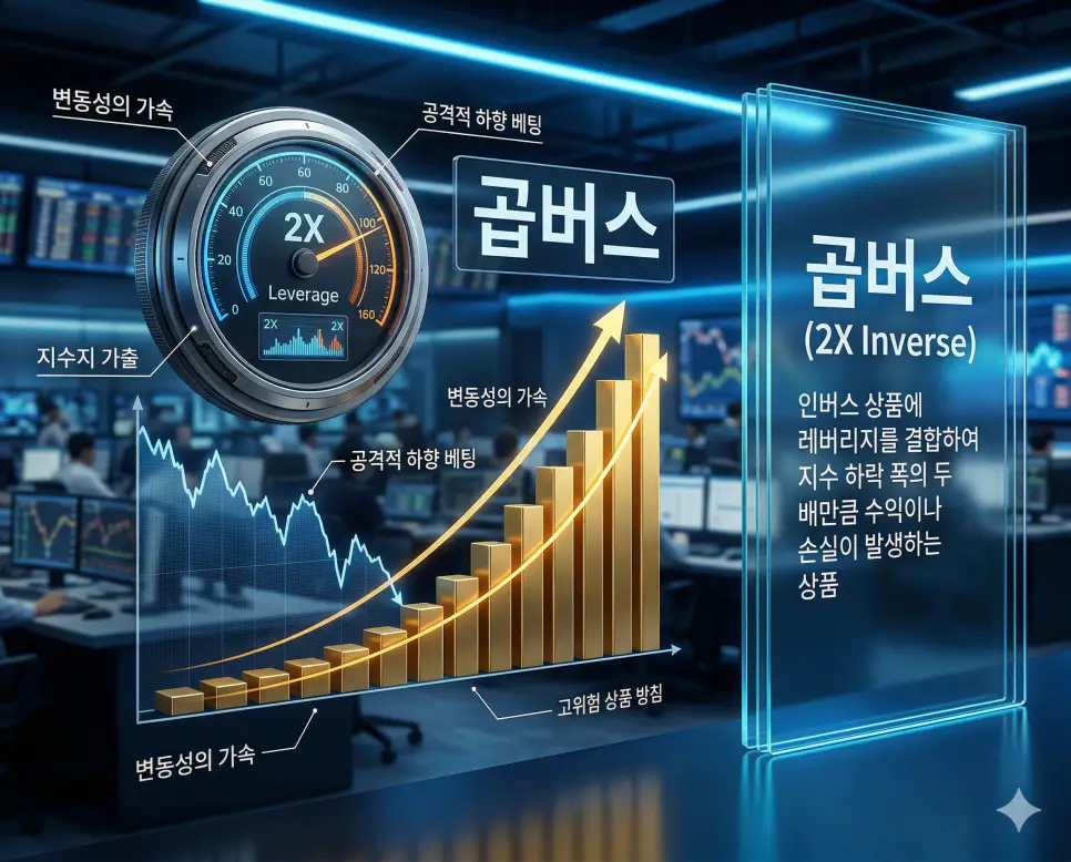 인버스 뜻, 곱버스 뜻, 블록딜 뜻: 하락장 수익과 변동성 가속 및 시간외 대량 매매 정리 2 레버리지를 통해 지수 하락 폭의 두 배 수익을 노리는 공격적인 곱버스 투자를 표현한 실사 이미지
