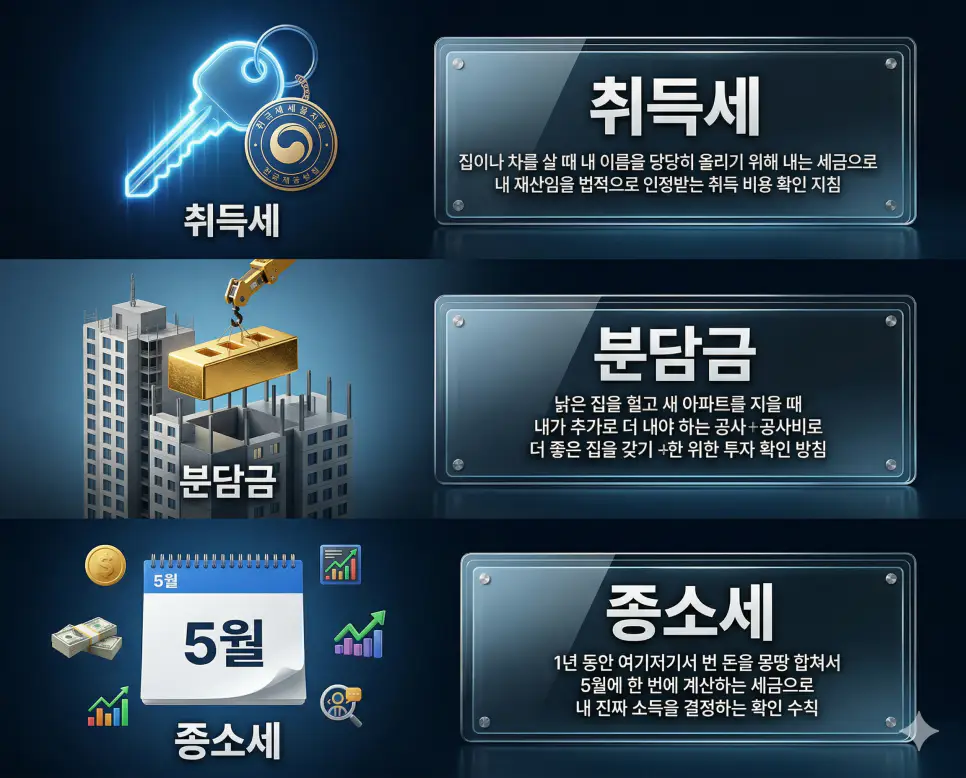 취득세 뜻, 분담금 뜻, 종소세 뜻: 자산 소유권 확보와 정비사업 투자 및 소득 결산 정리 4 취득세, 분담금, 종소세 뜻의 정의와 핵심 상징 아이콘을 세 개의 유리 패널에 정리한 고품격 인포그래픽 실사 이미지