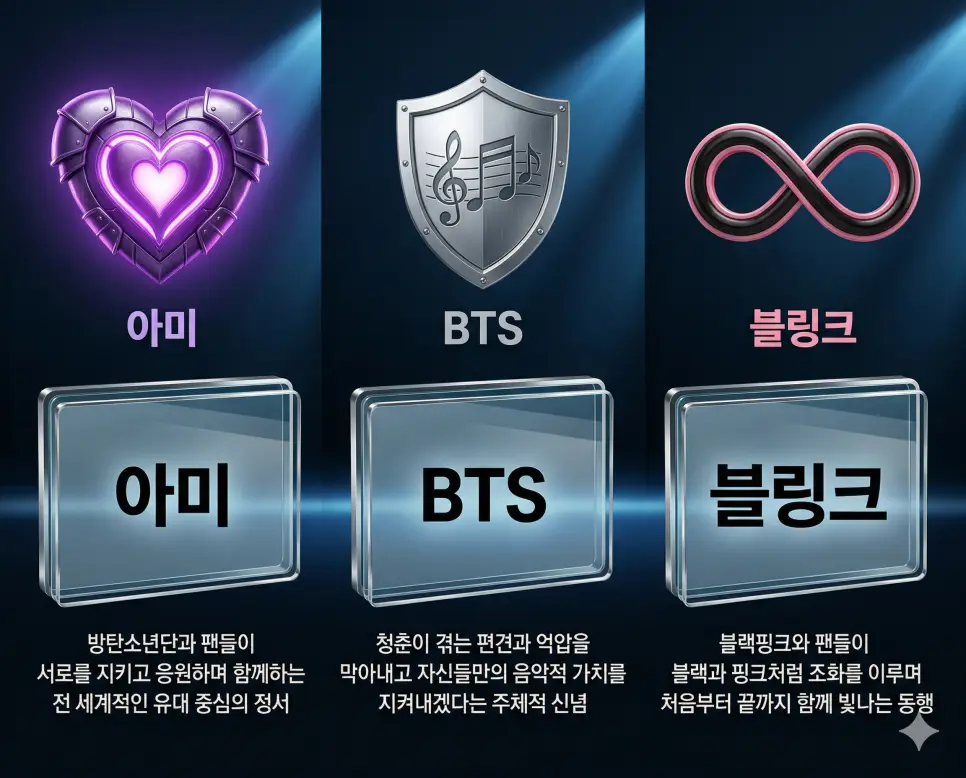아미(ARMY) 뜻, BTS 뜻, 블링크(BLINK) 뜻: 방탄복과 군대 및 청춘의 방어막과 영원한 동행 정리 4 아미, BTS, 블링크 뜻의 정의와 핵심 아이콘을 세 개의 유리 패널에 정리한 영화 포스터 스타일 인포그래픽