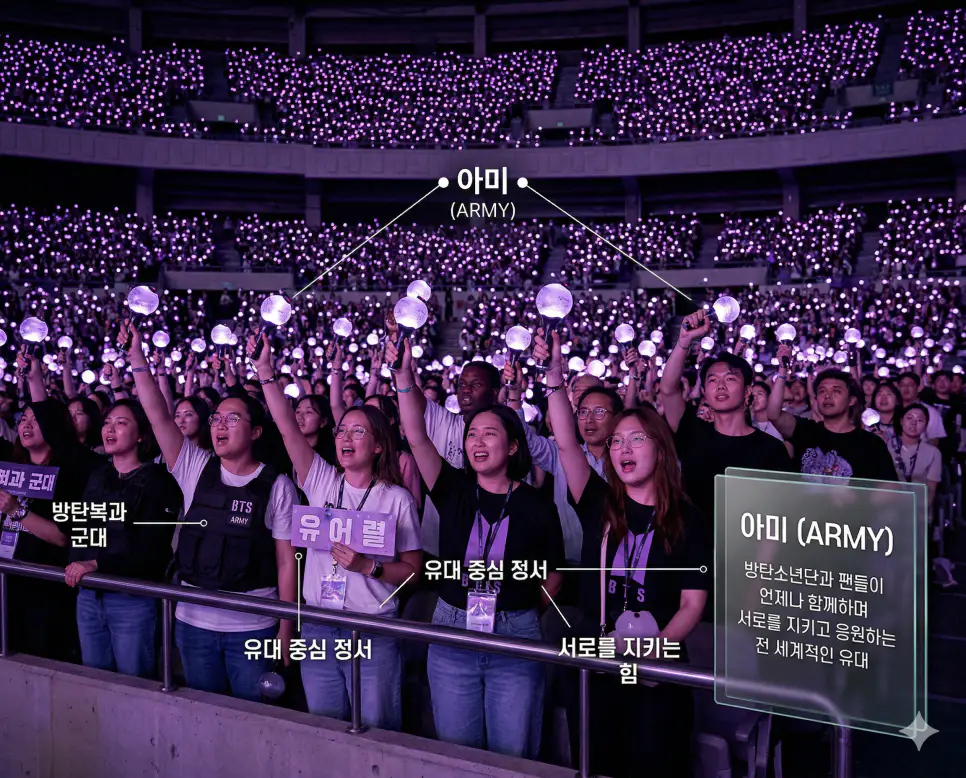 아미(ARMY) 뜻, BTS 뜻, 블링크(BLINK) 뜻: 방탄복과 군대 및 청춘의 방어막과 영원한 동행 정리 1 수많은 팬이 보라색 응원봉을 들고 하나가 된 아미 뜻을 시각화한 대형 경기장 배경 실사 이미지