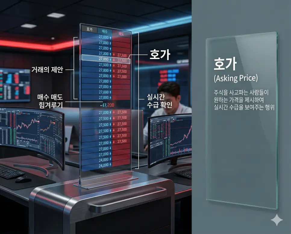 시가 뜻, 호가 뜻, 양봉 뜻: 하루의 출발점과 거래 제안 및 상승 에너지 정리 2 매수와 매도의 활발한 주문 제시로 수급의 흐름을 보여주는 호가창의 역동적인 실사 이미지