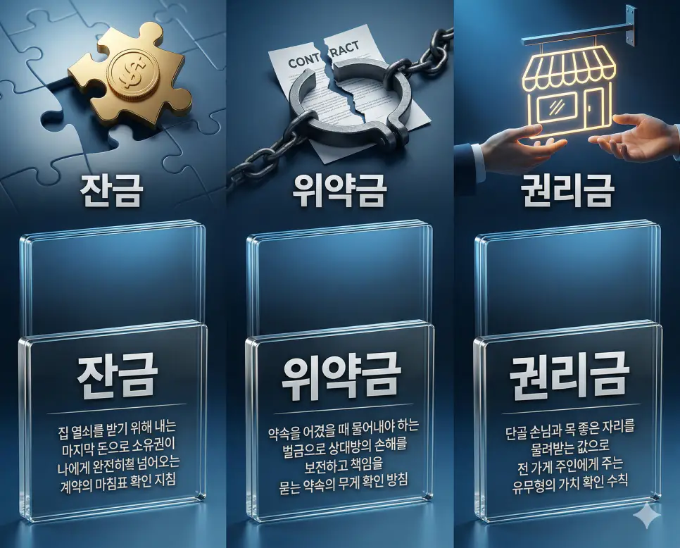 잔금 뜻, 위약금 뜻, 권리금 뜻: 계약의 마침표와 약속의 무게 및 유무형 가치 정리 4 잔금, 위약금, 권리금 뜻의 정의와 핵심 상징 아이콘을 세 개의 유리 패널에 정리한 고품격 인포그래픽 실사 이미지