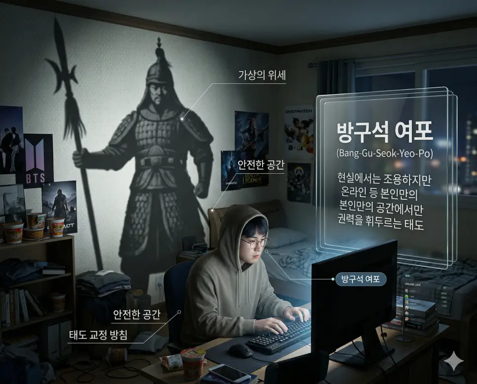 방구석 여포 뜻, 밀키트 뜻, 웨이팅 뜻: 가상의 위세와 미식의 간소화 및 기다림의 가치 정리 1 현실의 조용한 모습과 달리 집 안에서만 위세를 부리는 방구석 여포 뜻을 시각화한 그림자 대비 실사 이미지