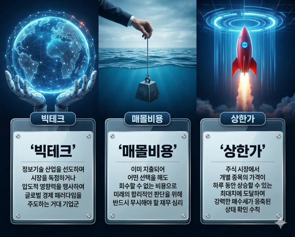 빅테크 뜻, 매몰비용 뜻, 상한가 뜻: 산업 지배력과 의사결정 함정 및 시세 정점 정리 4 빅테크, 매몰비용, 상한가 뜻의 정의와 핵심 아이콘을 세 개의 유리 패널에 정리한 고품격 인포그래픽 실사 이미지