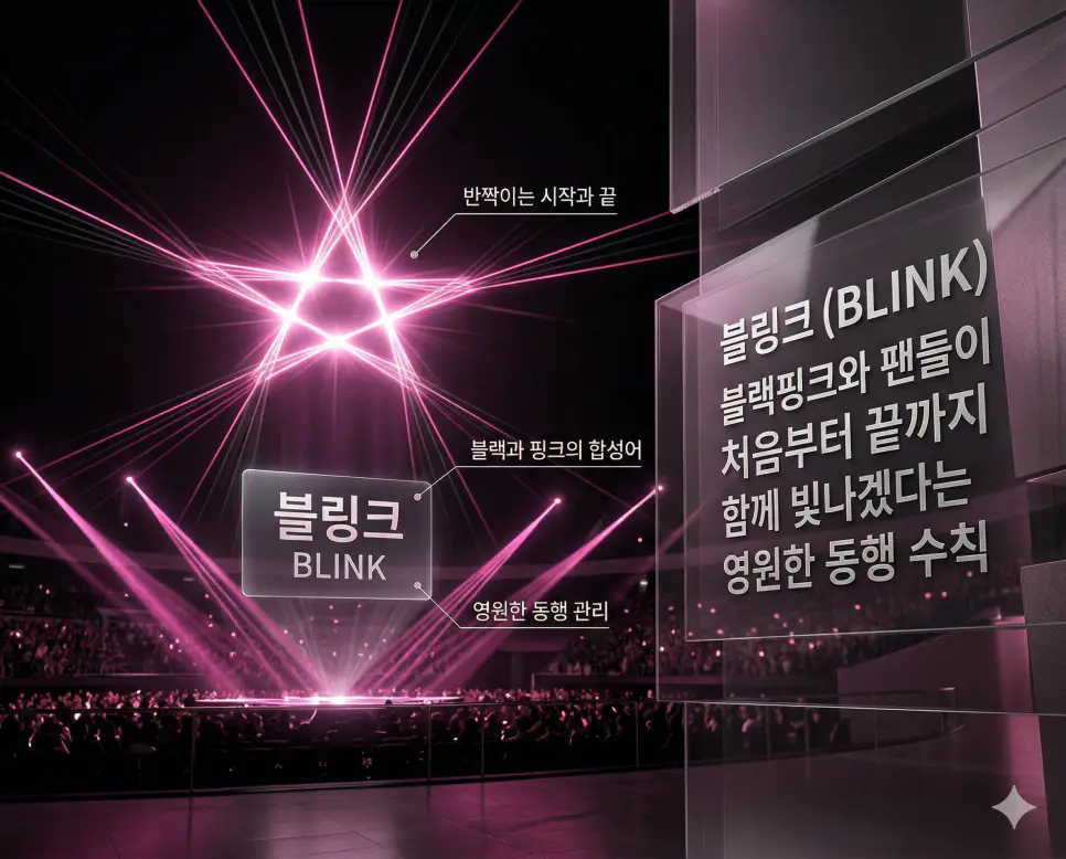아미(ARMY) 뜻, BTS 뜻, 블링크(BLINK) 뜻: 방탄복과 군대 및 청춘의 방어막과 영원한 동행 정리 3 블랙핑크와 팬들이 함께 빛나며 동행하는 블링크 의미를 상징하는 화려한 레이저 배경 실사 이미지