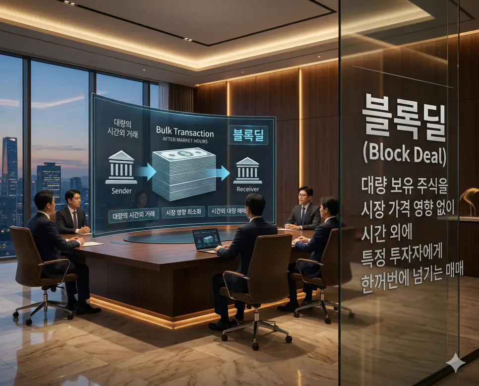 인버스 뜻, 곱버스 뜻, 블록딜 뜻: 하락장 수익과 변동성 가속 및 시간외 대량 매매 정리 3 주요 주주가 대량의 주식을 시장 영향 없이 시간 외에 매매하는 블록딜 과정을 나타낸 실사 이미지