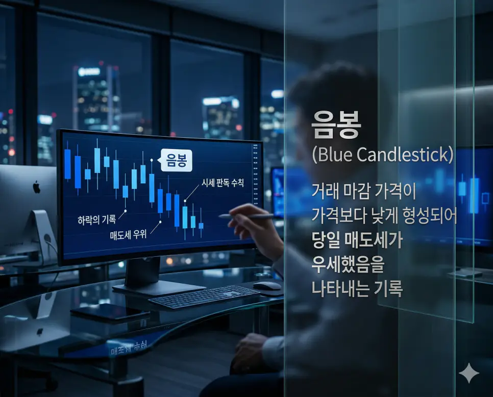 슈팅 뜻, 골든크로스 뜻, 음봉 뜻: 시세 폭발과 상승 서막 및 하락 기록 정리 3 시초가보다 종가가 낮게 형성되어 당일 매도세가 우위였음을 보여주는 음봉 캔들을 나타낸 차트 실사 이미지